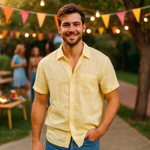 Gap Shirt Men M Butter Yellow Linen Blend Short Sleeve Button Up Camp Preppy Y2K